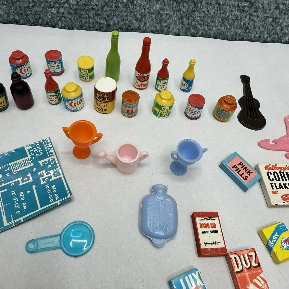 Vintage dollhouse lot miniature‎ kitchen food books his/her towels plates wallet